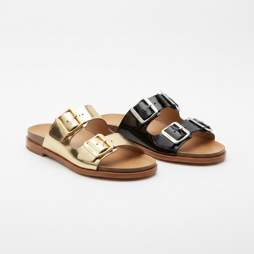 Sandales Ko Needi – Double Boucle Cuir Verni & Métallisé