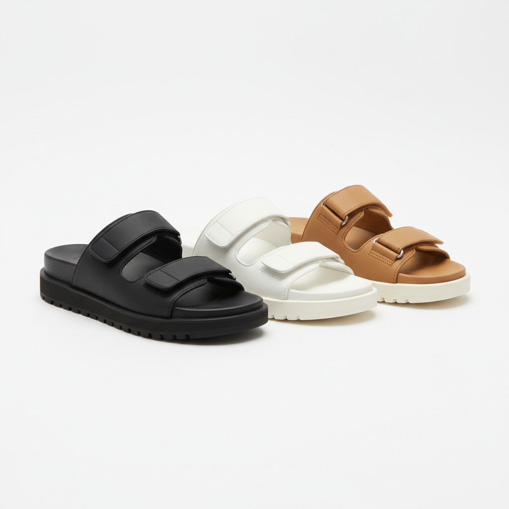 Slides Ko Needi – Double Sangle Velcro Noir Blanc Camel